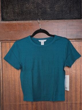 Athleta Teal Short Sleeve Crewneck Ribbed Tee